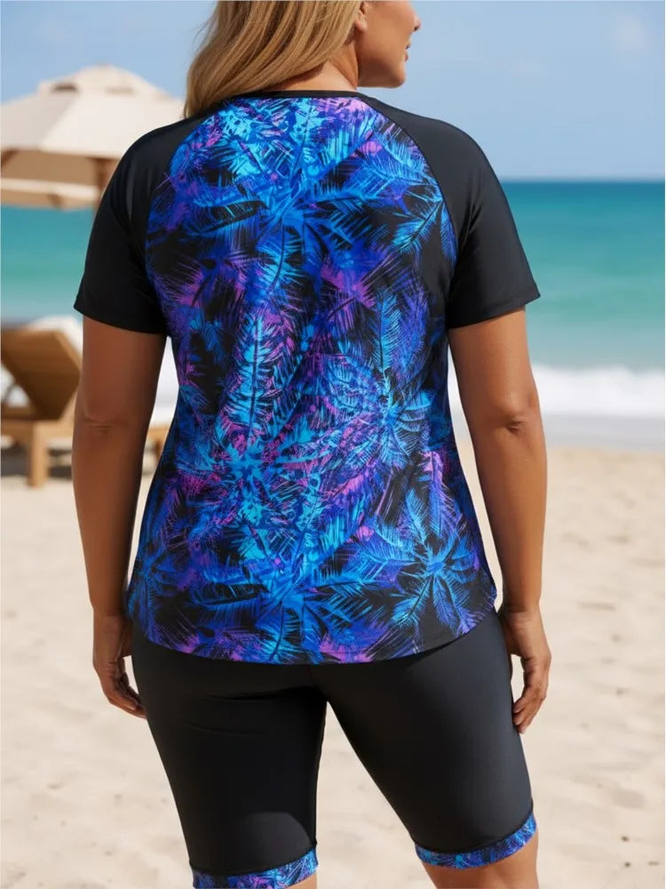 Women's Printed Short Sleeve Swim Top and Long Shorts Set