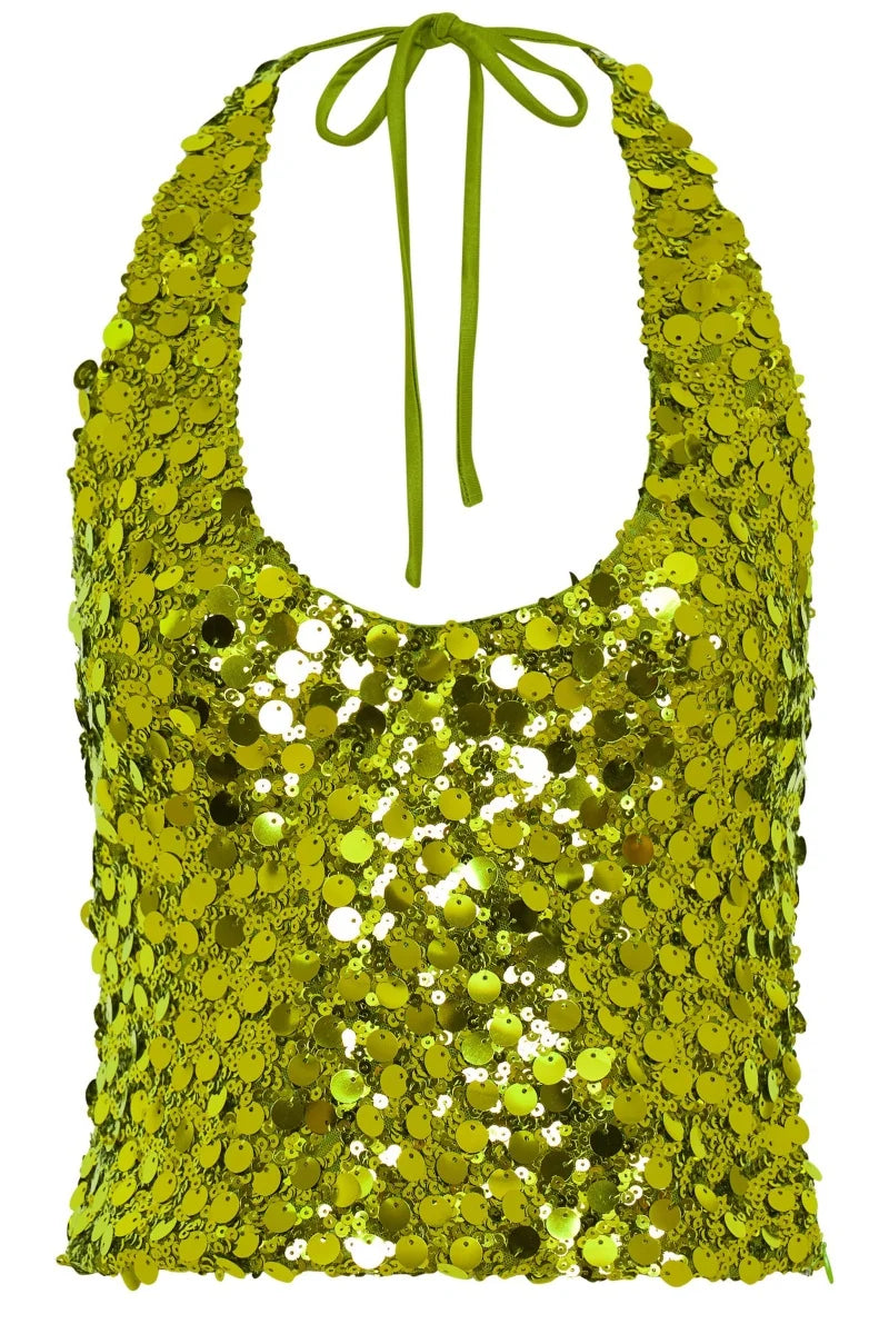 Women's Sequin Polyester Halter Crop Top with Tie Neck and Open Back