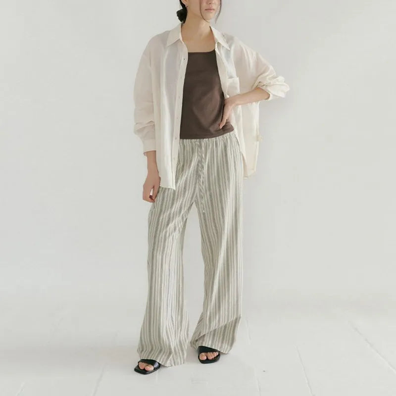 Women's Striped Loose Straight-Leg Pants with Drawstring Waist and Practical Side Pockets