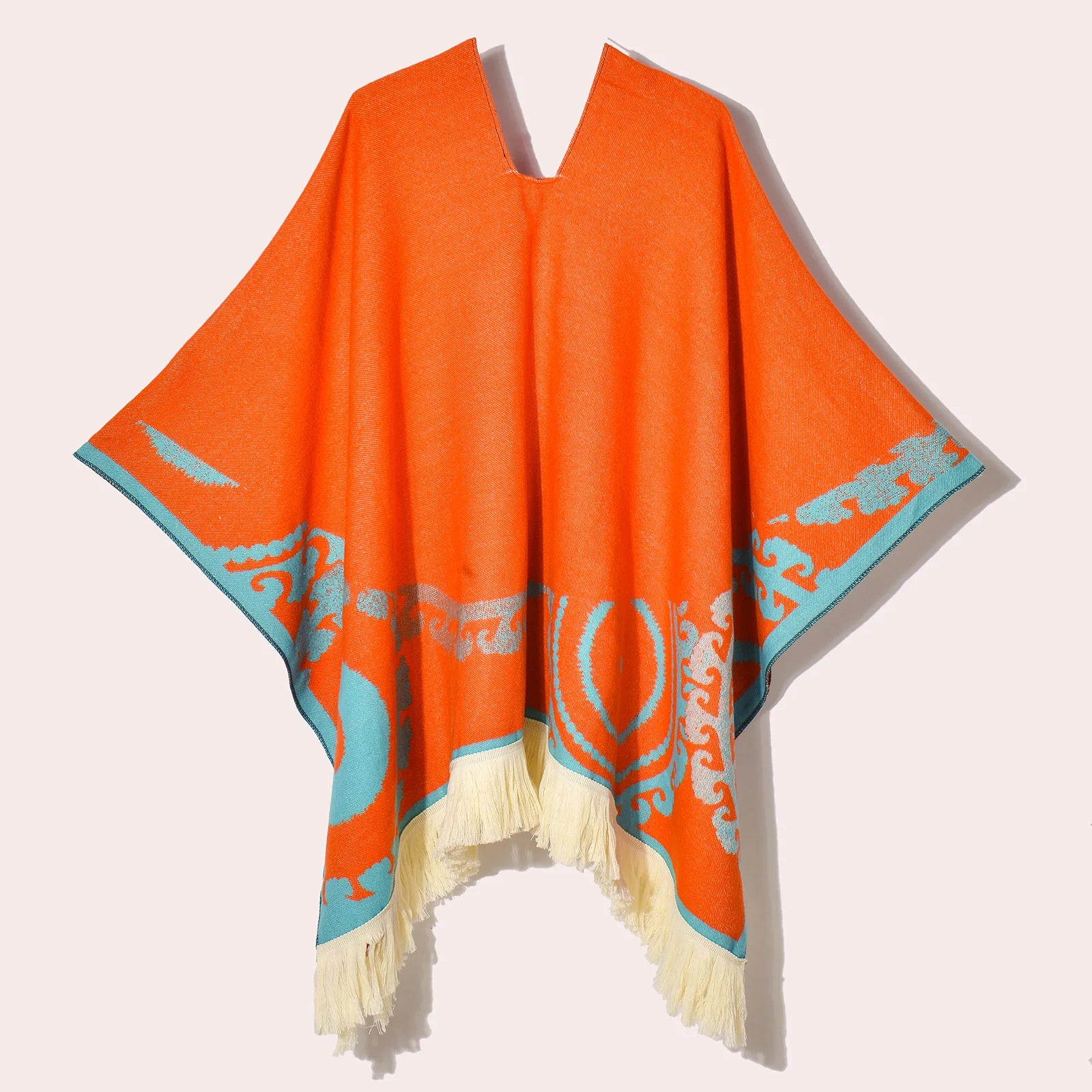 Geometric Pattern Fringe Poncho for Layering over Outfits