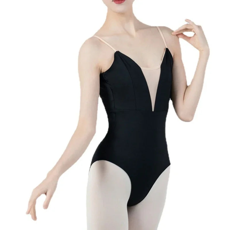 Women's Deep V Ballet Leotard with Adjustable Straps and Mesh Panels
