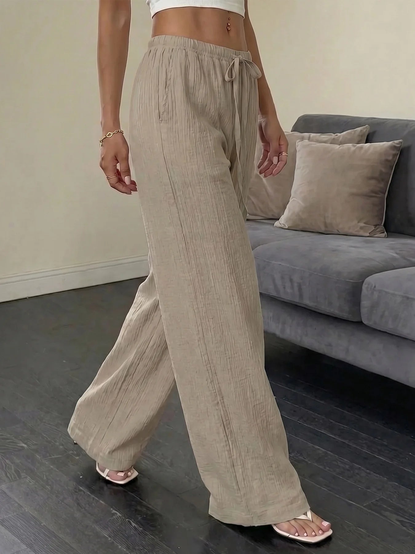 Women's Crinkle Textured Polyester Blend Palazzo Pants with Elastic Waist