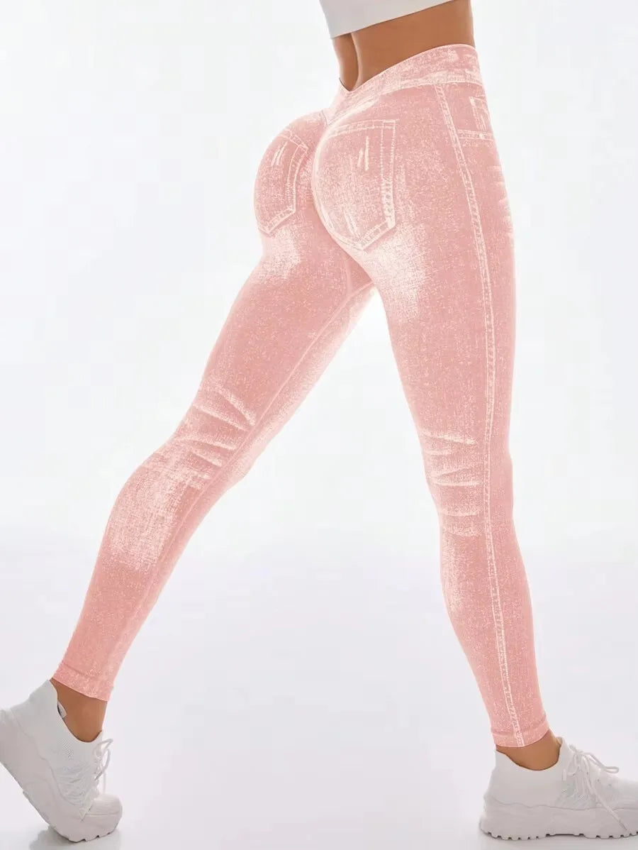 Women's Denim Look Full Length Leggings For Workout Outfits