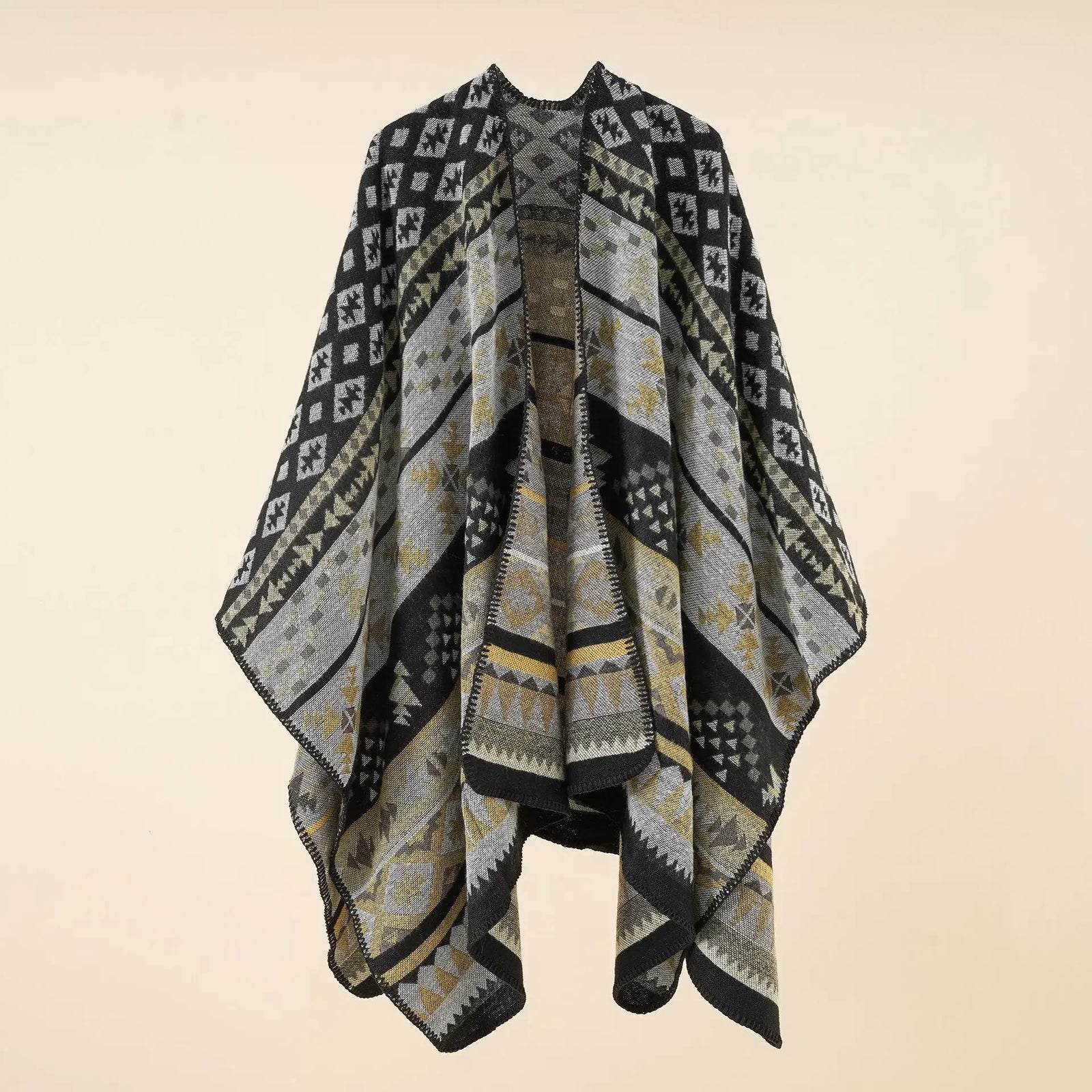 Geometric Pattern Open Front Poncho for Layering over Outfits