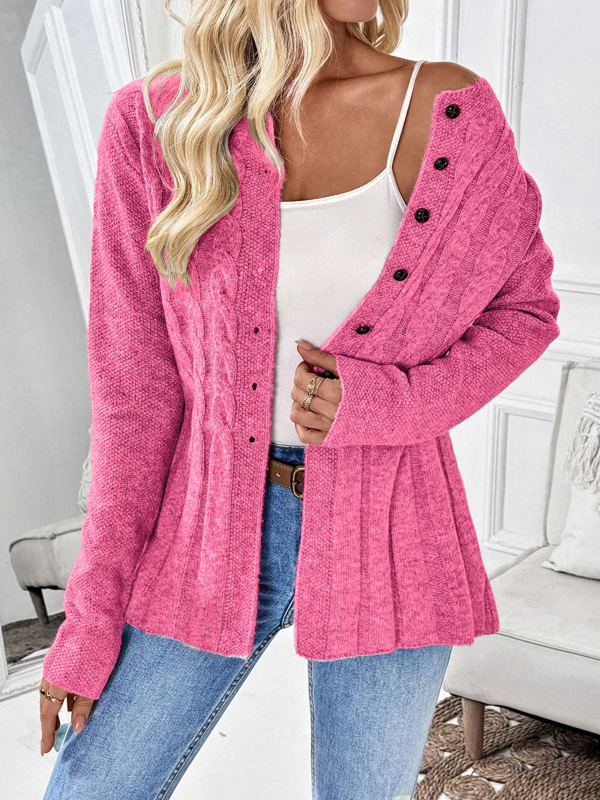 Women's Long Ribbed Button Front Cardigan Casual Knit Layer