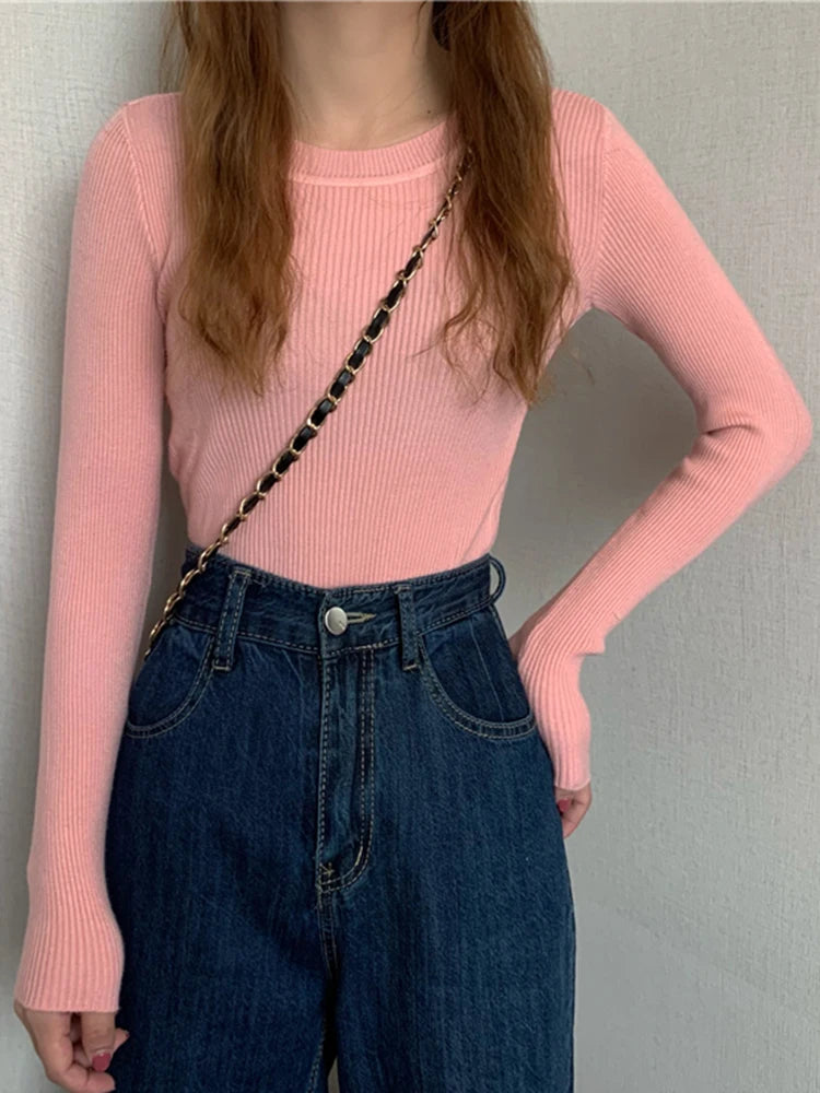 Women's Acrylic-Cotton Solid Long-Sleeve Crewneck Slim-Fit Knit Pullover Sweater for Everyday Outfits