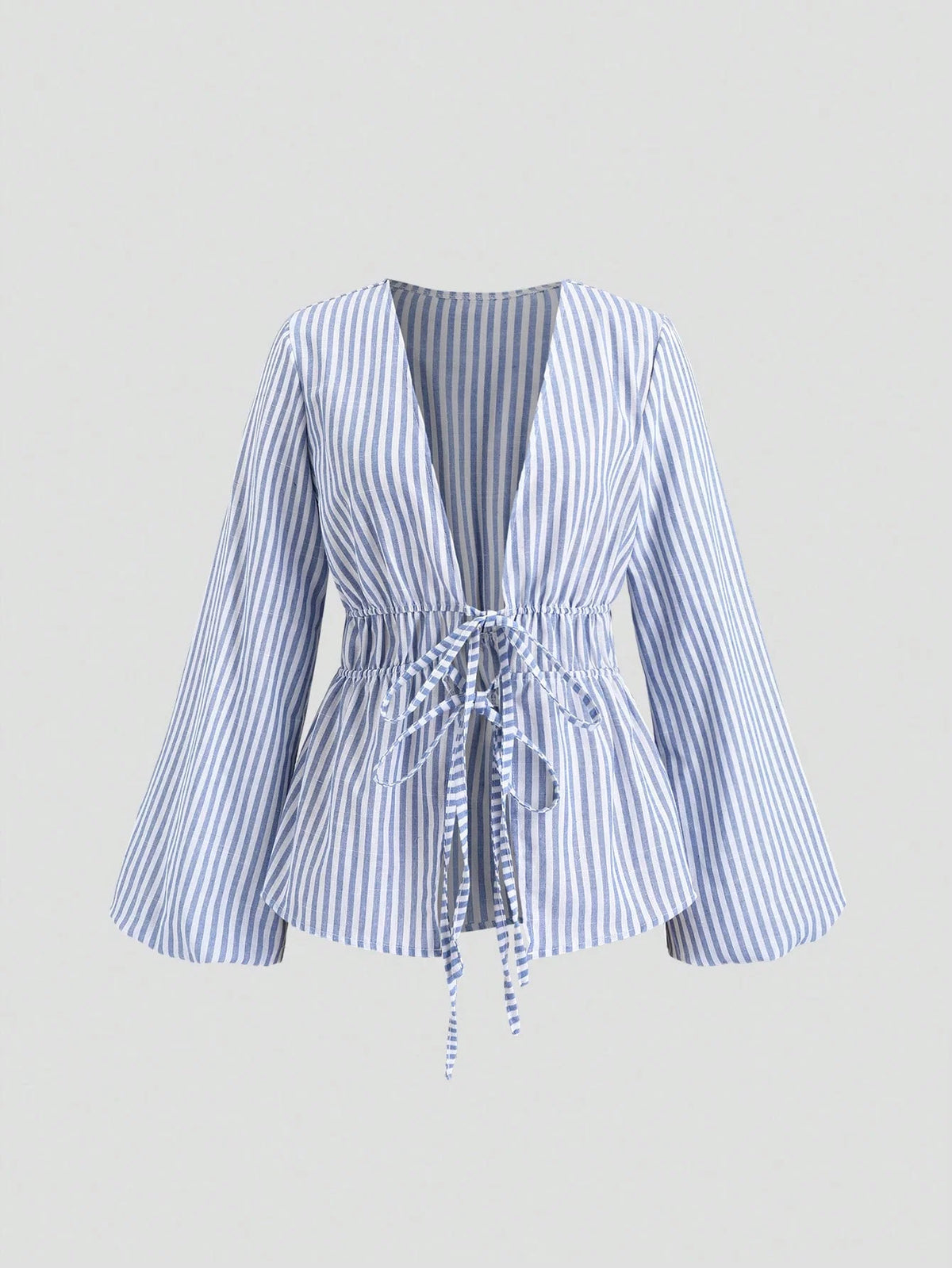 Women's Striped Wrap Blouse with Back Tie and Wide Sleeves