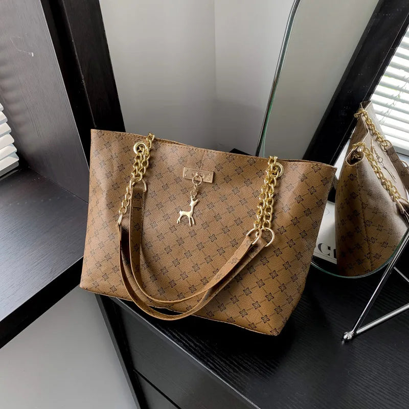 Patterned Tote Handbag with Chain Details and Shoulder Handles