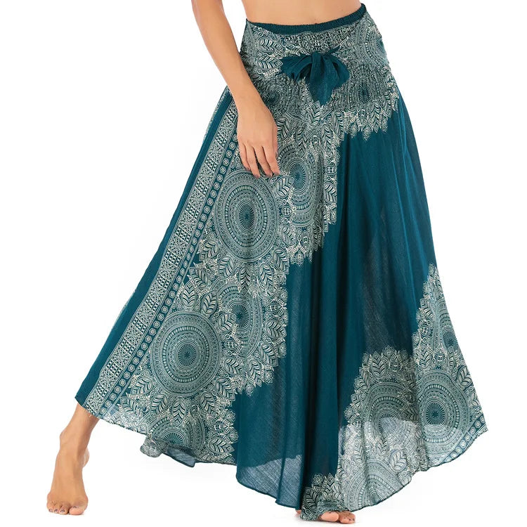 Women's Printed Nylon Harem Pants with Smocked Waist and Convertible Styling