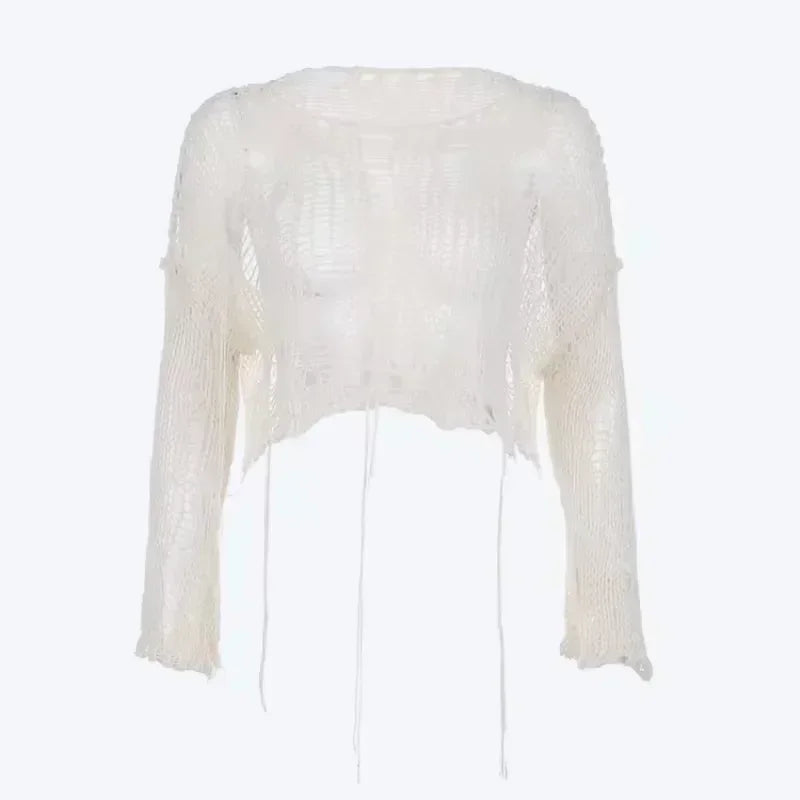 Women's Distressed Open Knit Cropped Pullover Crop Top