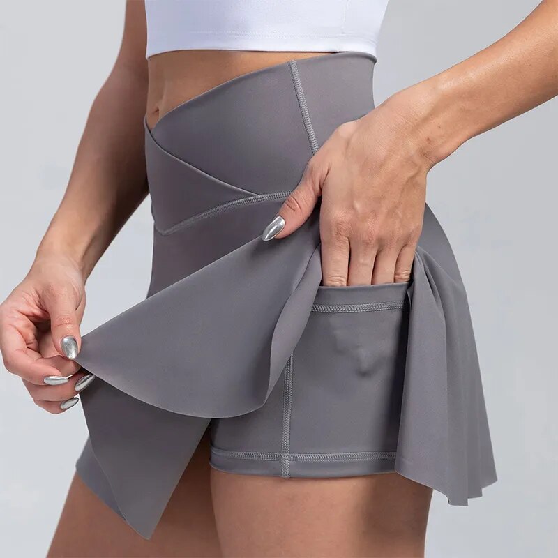 Women Pleated Tennis Skirt with Pockets Shorts Athletic Skirts Crossover High Waisted Athletic Golf Skorts Workout Sports Skirts