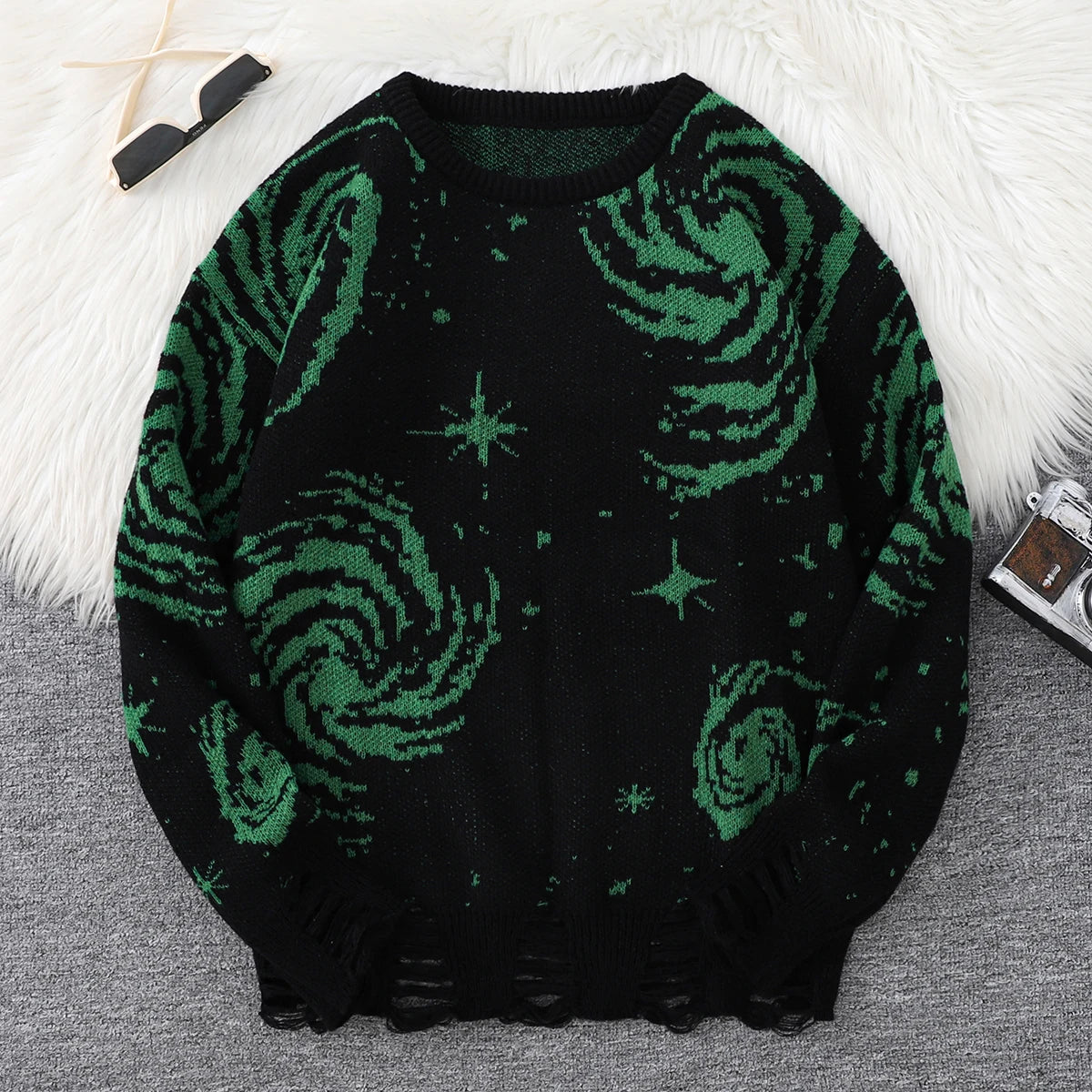 Men's Distressed Graphic Crew Neck Knit Sweater