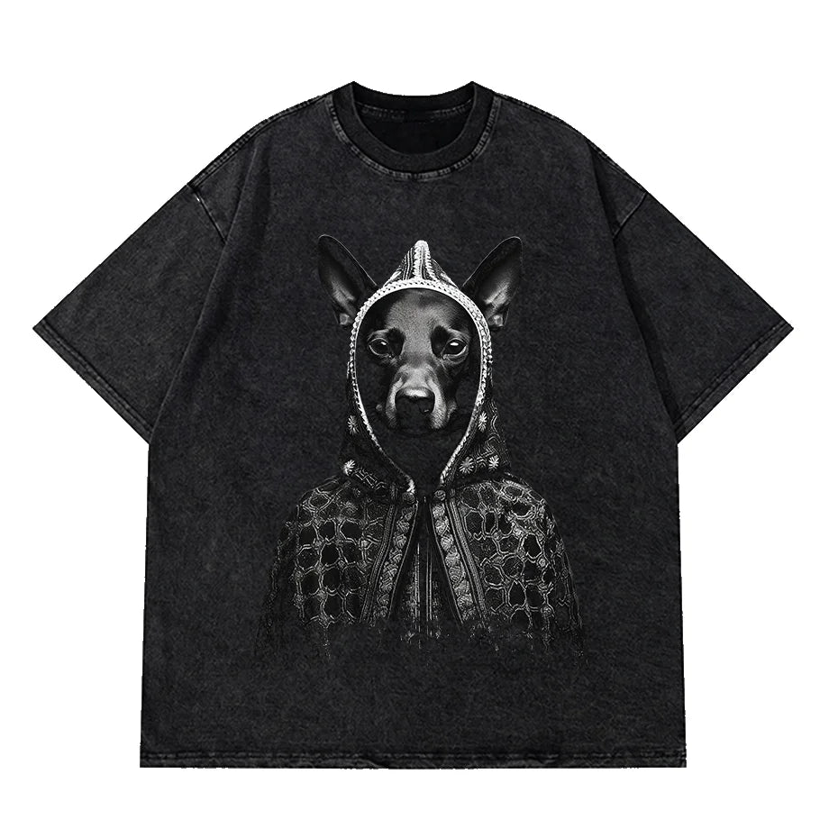 Gothic Dog Letter Print Vintage Washed Oversized T-Shirt