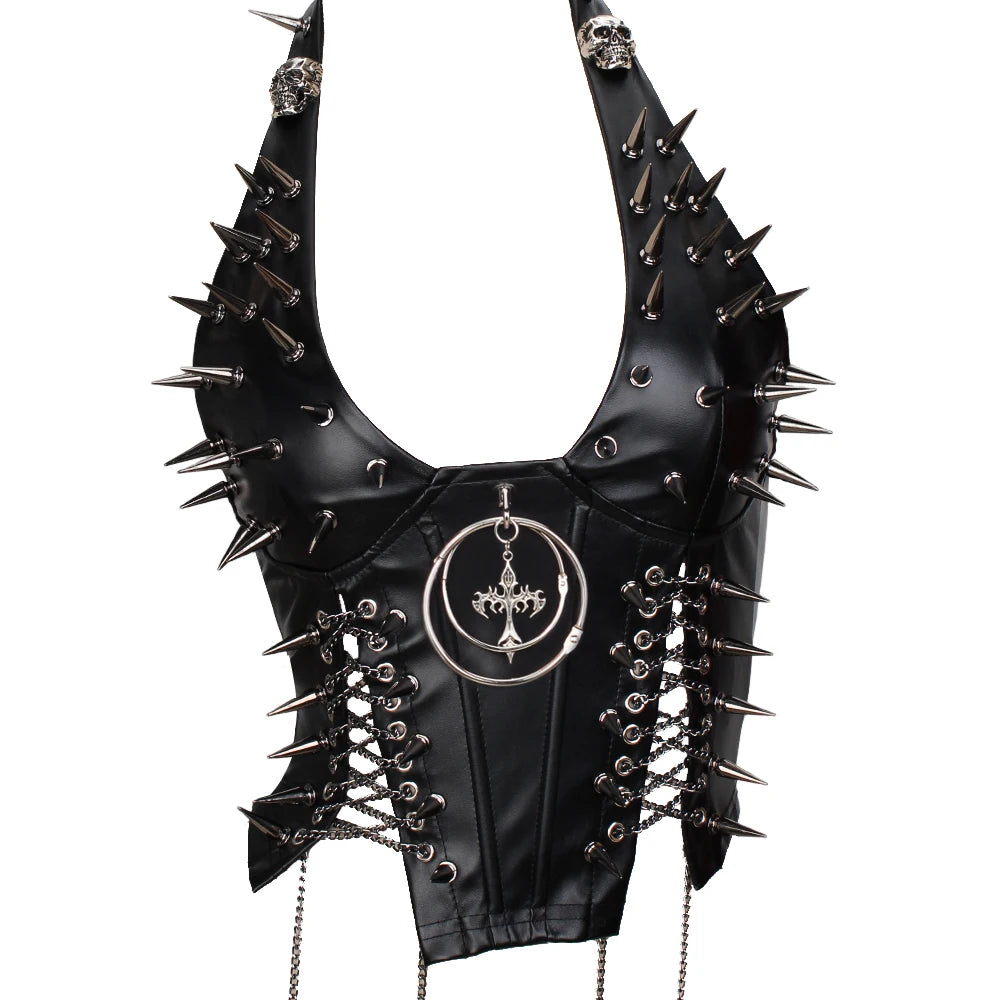 Women's Studded Crop Top with Decorative Spikes and Lace-Up Side Detailing