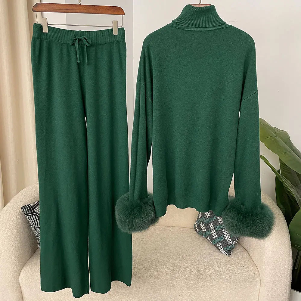 Women's Knit Long-Sleeve Zip-Front Top and Pants Set with Fox-Fur Cuff Trim