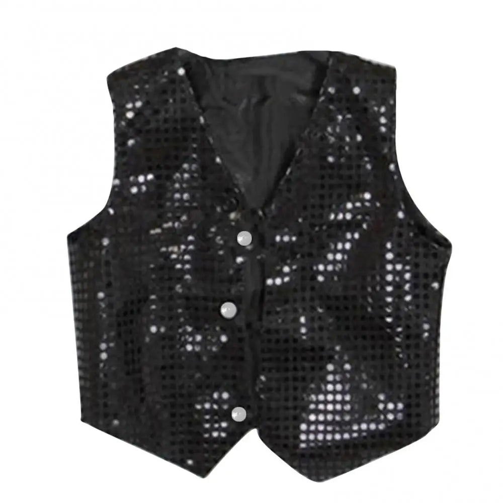 Children's Sequin Sleeveless Button Front Dance Performance Waistcoat Vest