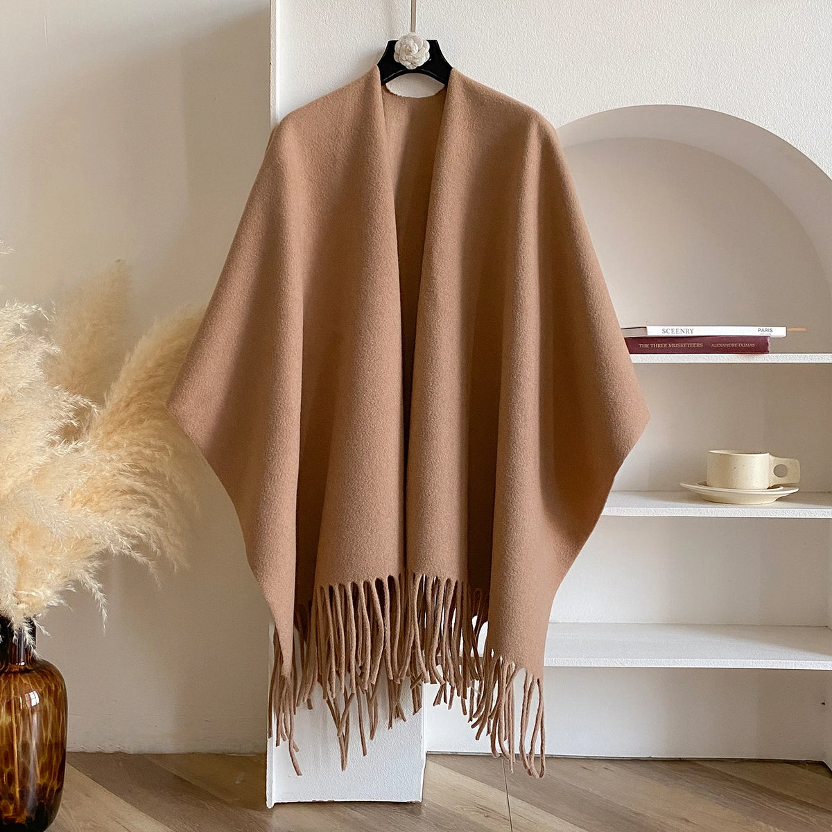Solid Fringed Wrap Scarf for Layering over Outfits