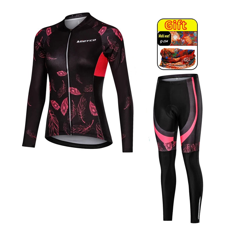 Women Long Sleeve Cycling Jersey Set MTB Bike Pants Kit Breathable Sportswear