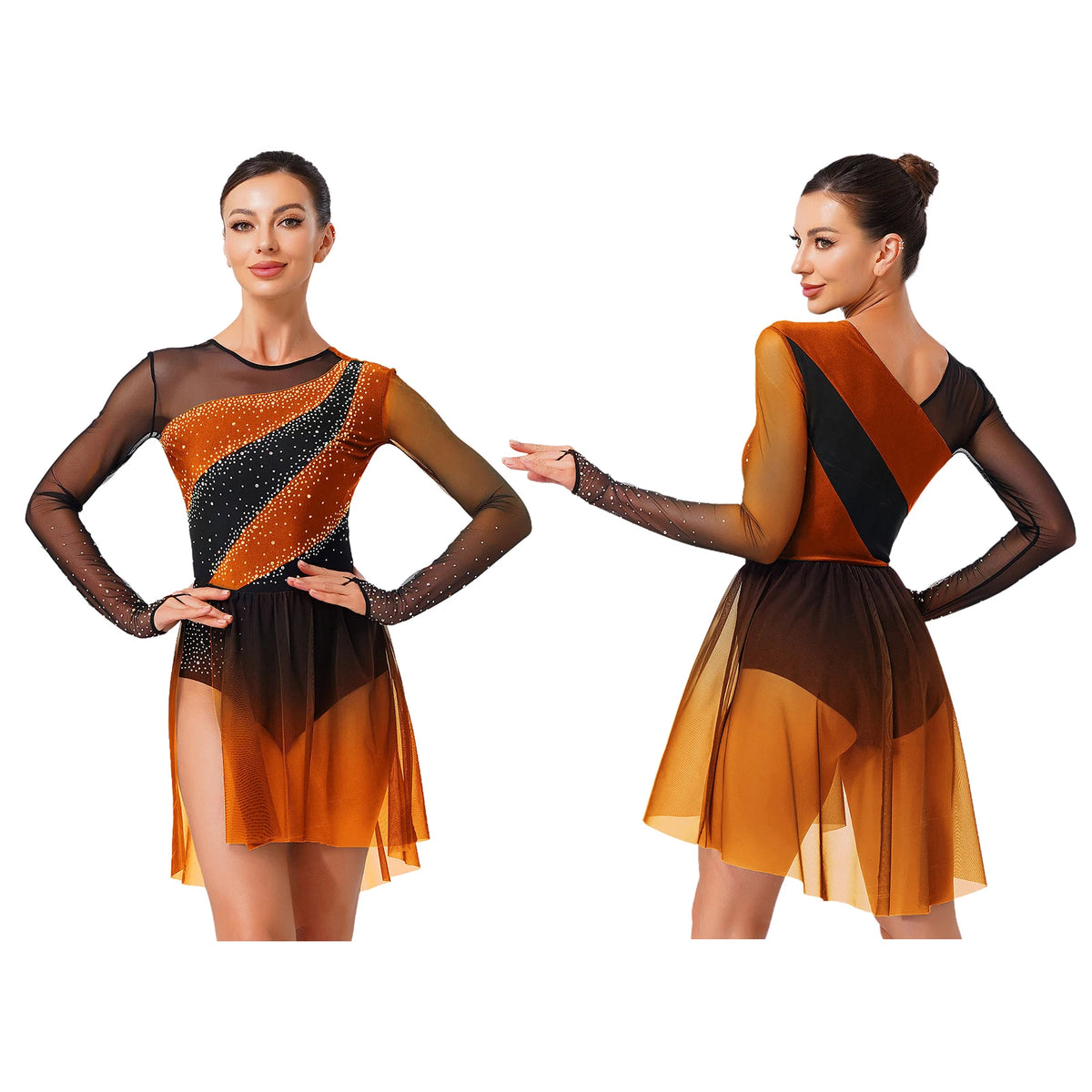 Women's Long Sleeve Mesh Dance Dress with Sequins and Asymmetric Panels
