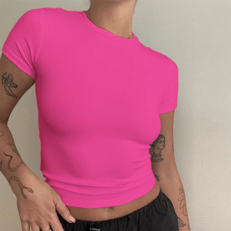 Women’s Slim-Fit Stretch Knit Crew-Neck T-Shirt with Short Sleeves