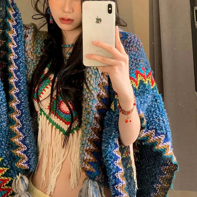 Zigzag Knit Tassel Poncho for Layering over Outfits