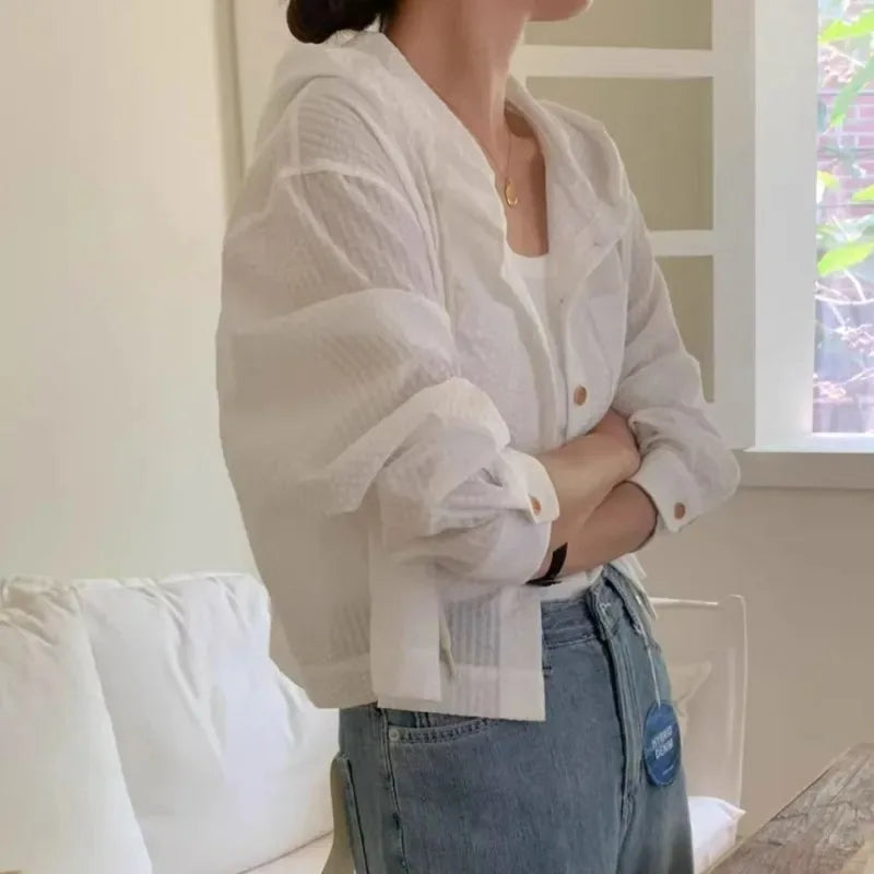 Women's Striped Hooded Cropped Button Front Shirt