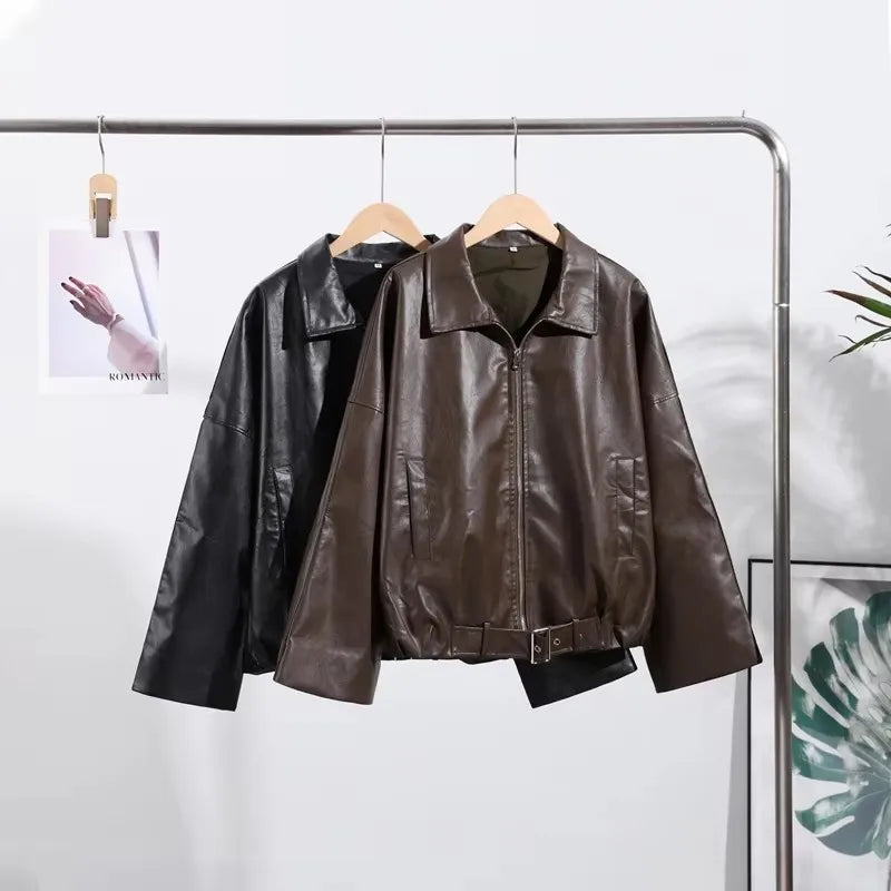 Women's Faux-Leather Lapel Zip-Front Jacket