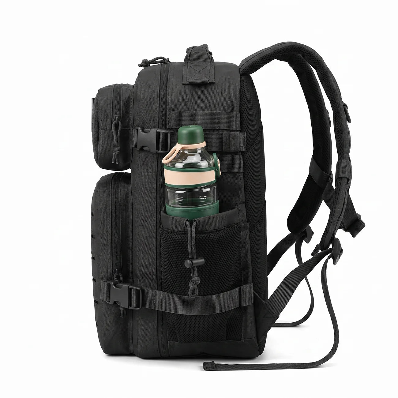 Tactical Travel Backpack with Front Webbing Panels and Side Bottle Pockets