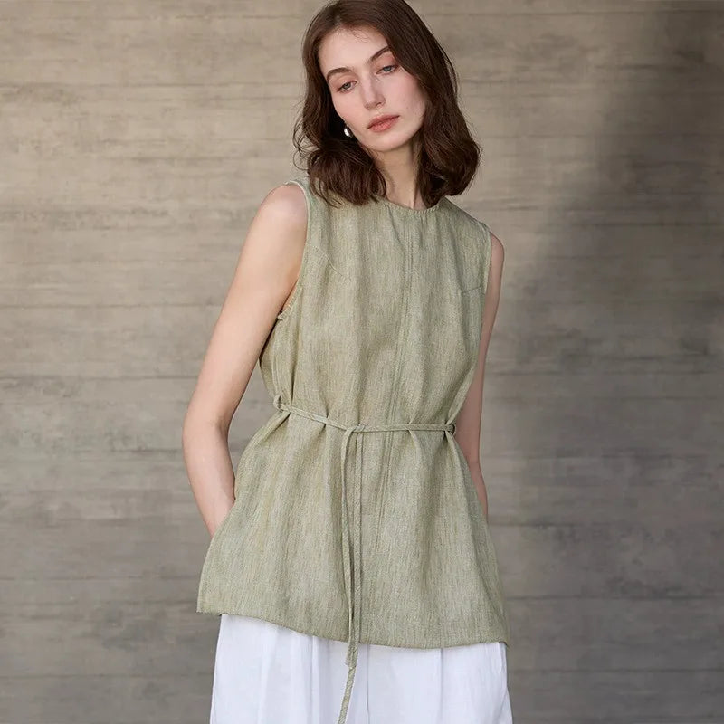 Women's Linen Sleeveless Tank Top with Drawstring Waist for Casual Summer Outfits