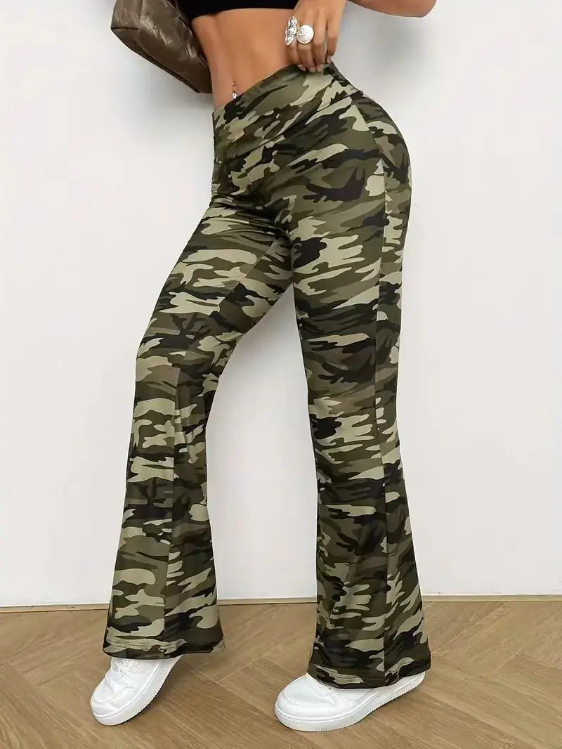 Women's High Waist Camouflage Polyester Flared Pants for Casual Activewear Outfits