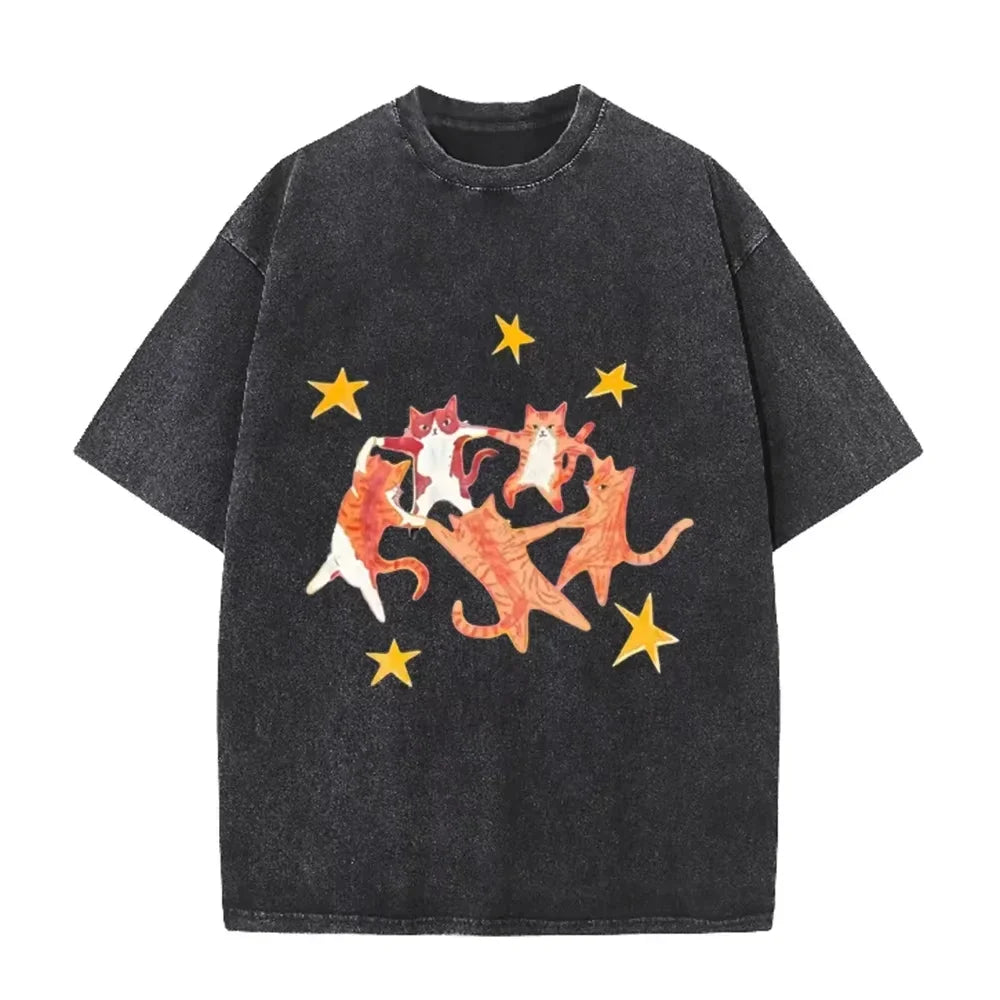 Vintage Washed Purple Dancing Orange Cats Star Print Casual Cute Animal Graphic T Shirt