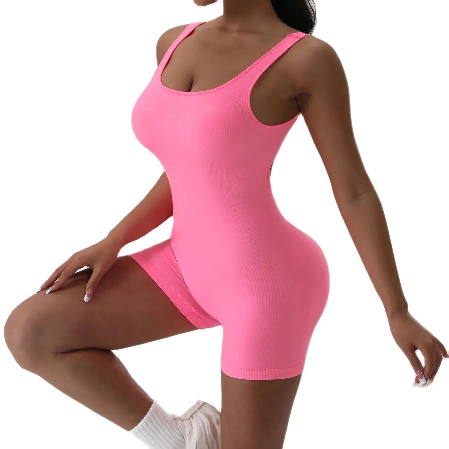 Women's Open Back Nylon Blend Workout Romper with Tank Neckline and Short Legs