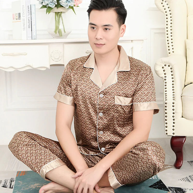 Men's Printed Lapel Button Front Shirt and Pants Pajama Set