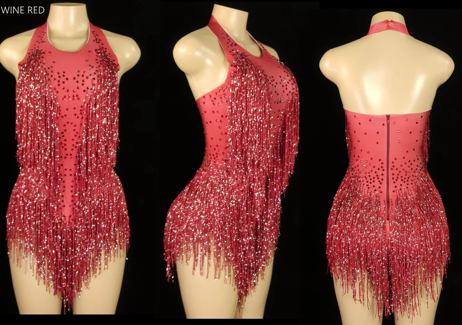 Women's Rhinestone Fringe Halter Dance Bodysuit for Stage Costume Outfits