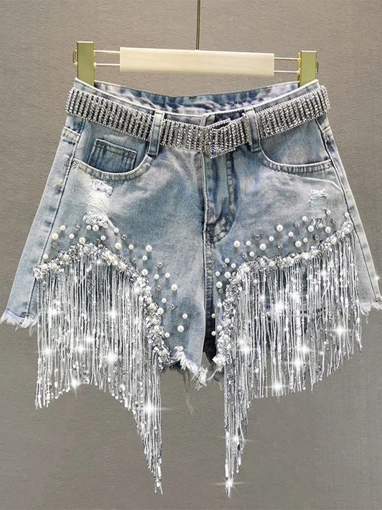 Women's Beaded Fringe Denim Casual Denim Shorts For Everyday Outfits