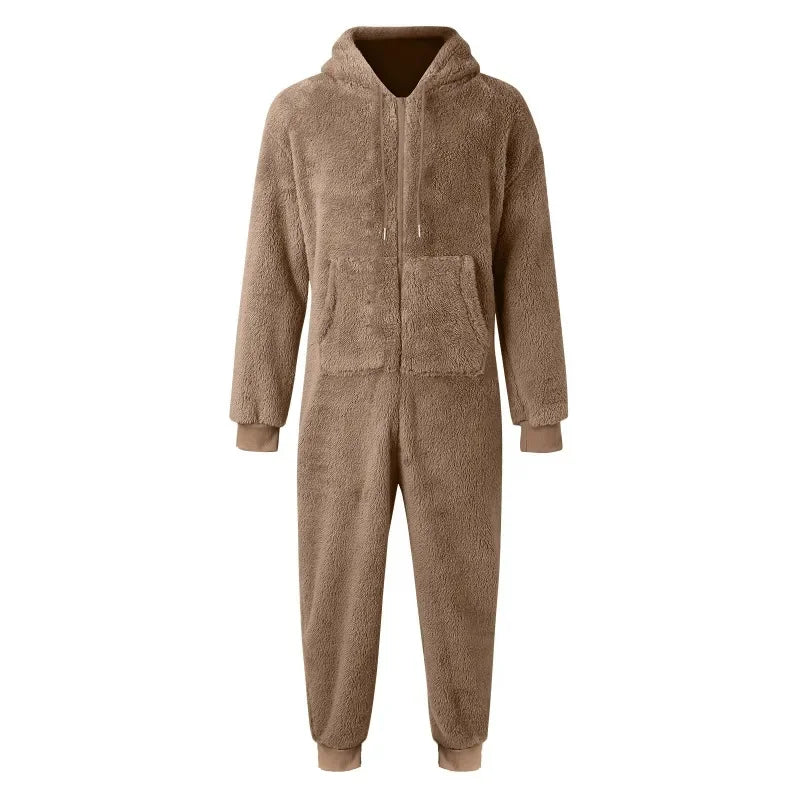 Men's Hooded Zip Front Long Sleeve Plush Pajama Jumpsuit
