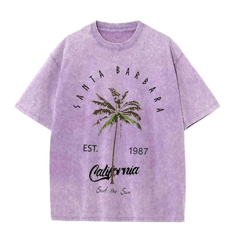 Vintage Palm Tree Print T Shirt Santa Barbara Retro Washed Cotton Tee