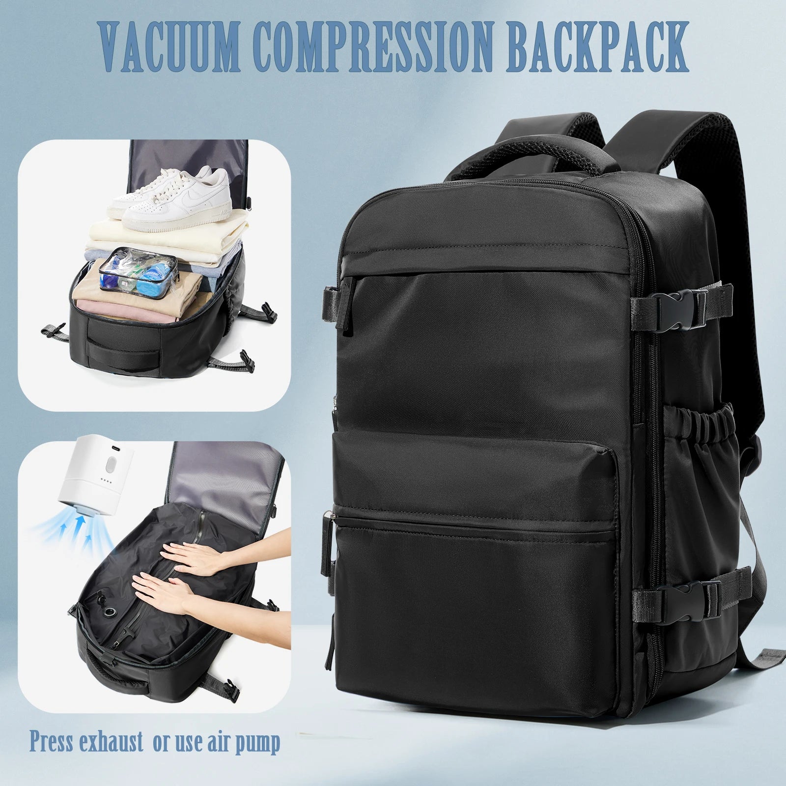 Travel Backpack with Internal Compression Storage and Zippered Compartments