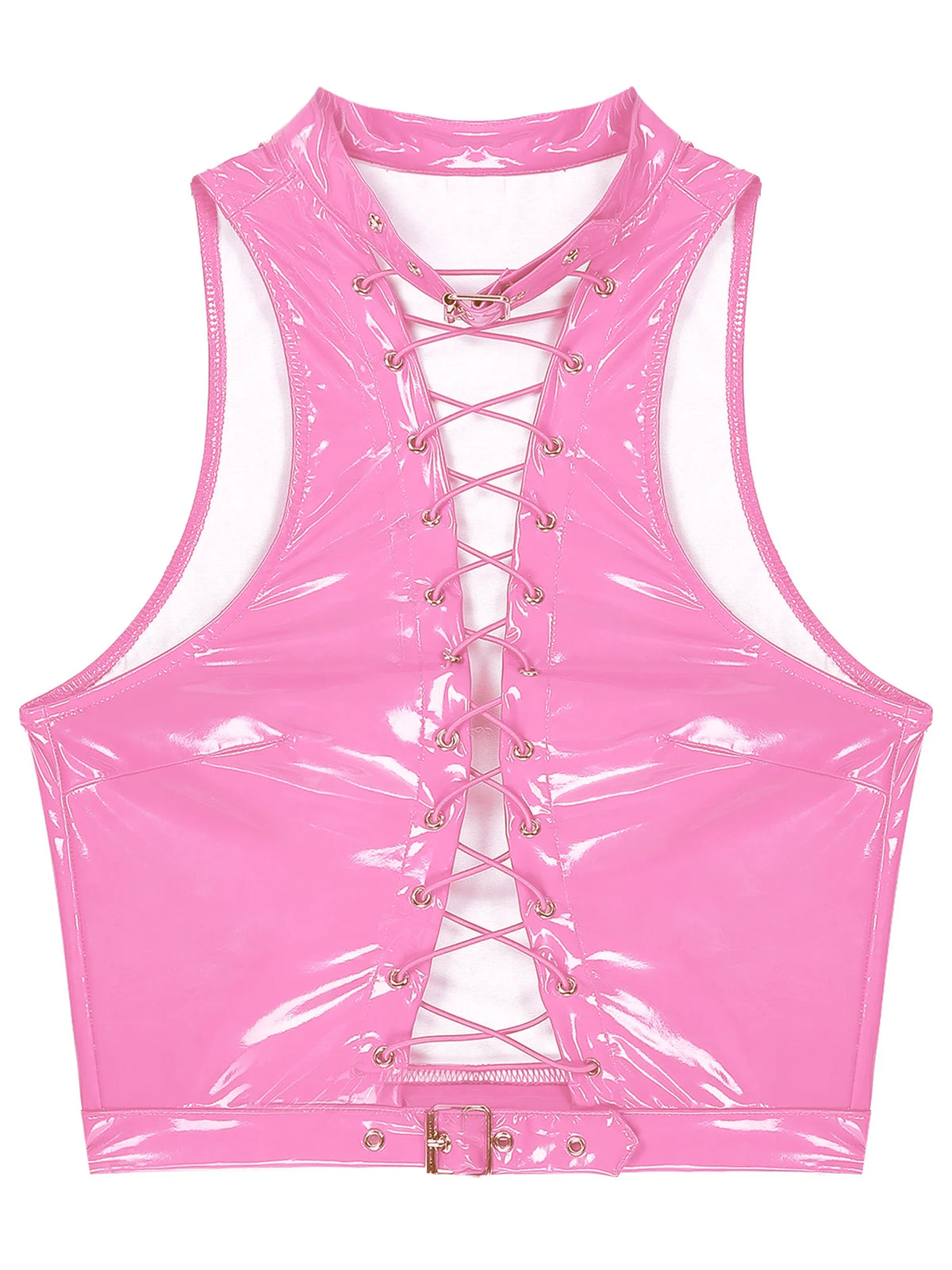 Women's High Neck Shiny Polyester Crop Top with Lace Up Front