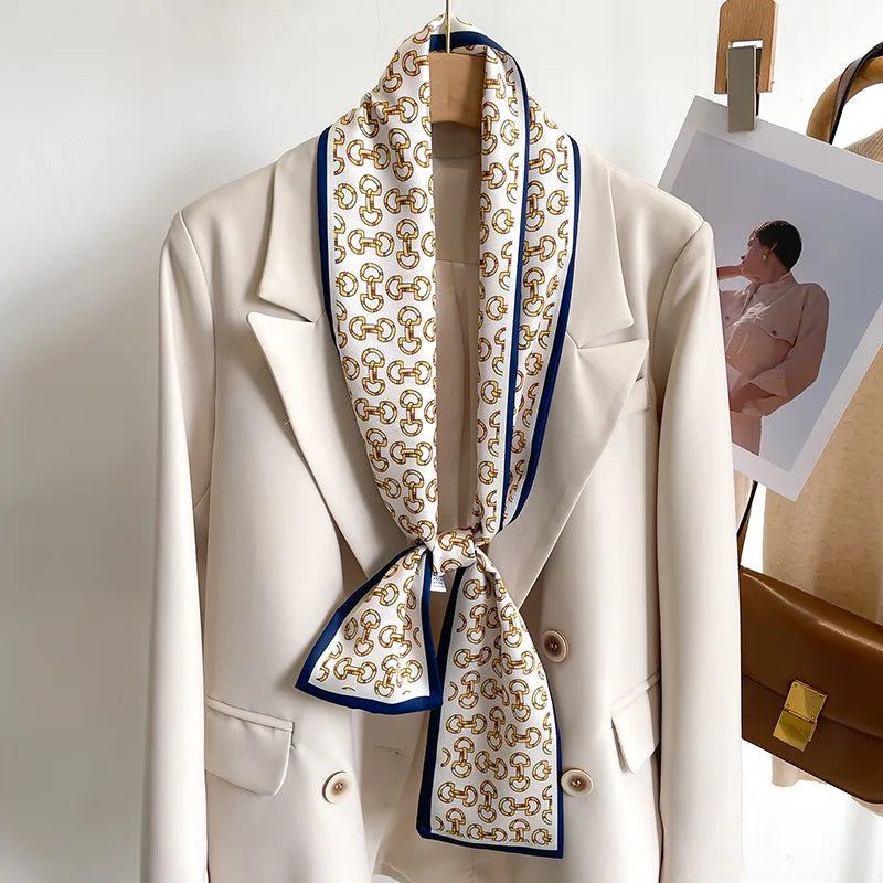 Printed Long Narrow Scarf with Decorative Ribbon Shape