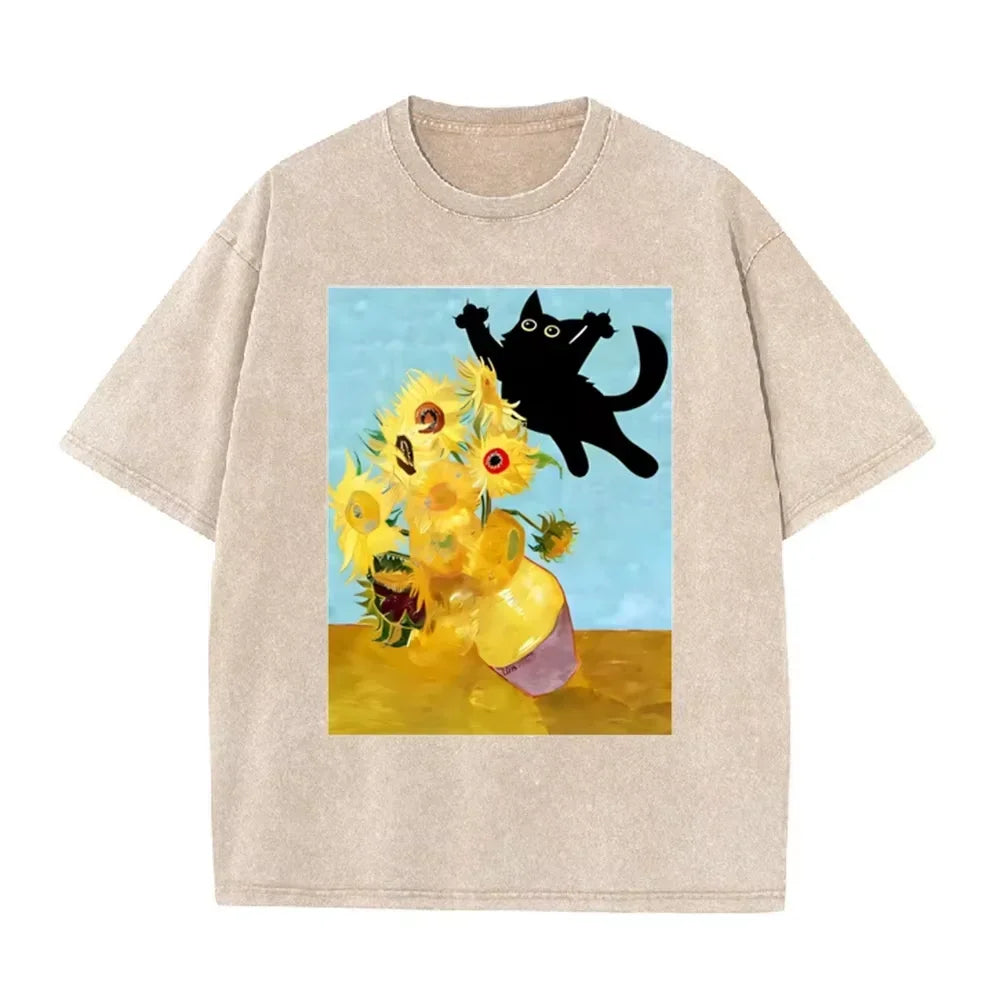 Van Gogh Sunflower Black Cat Parody Print Vintage Washed Purple Casual Art T Shirt