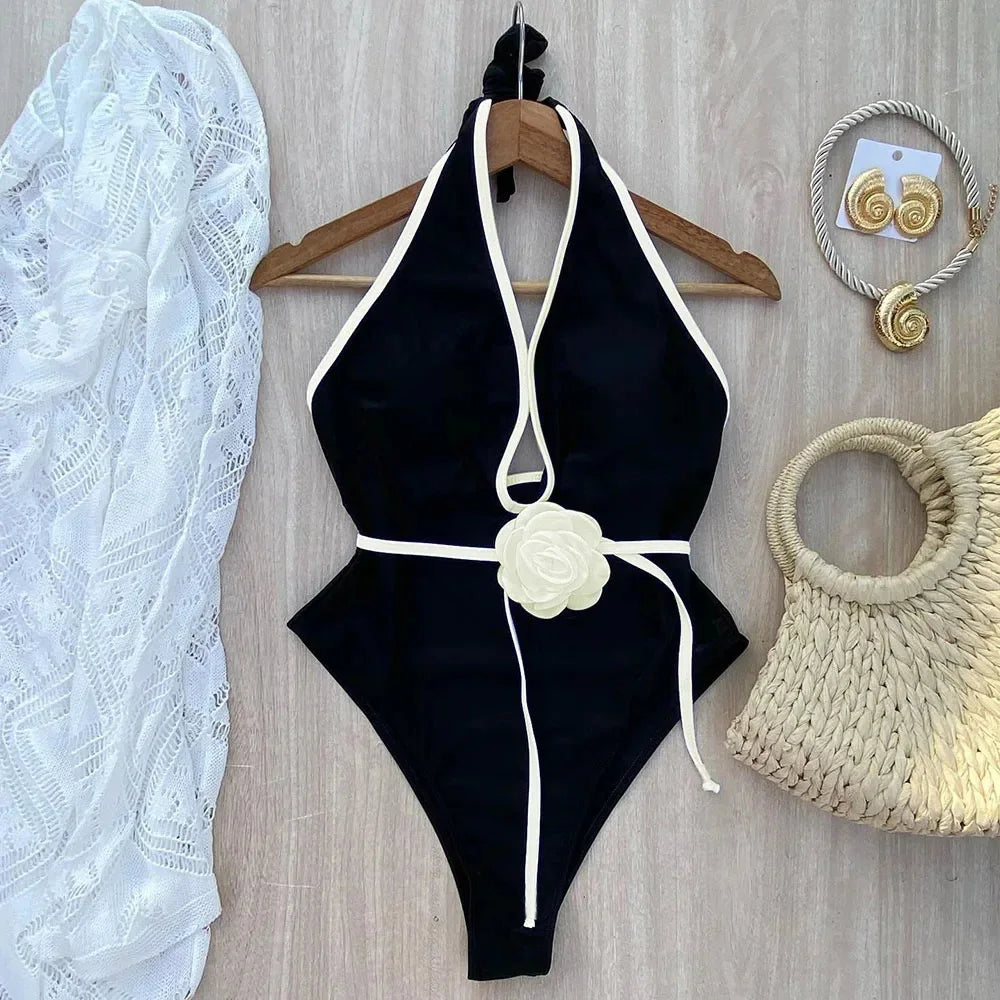 Flower Detail Halter One-Piece Swimsuit