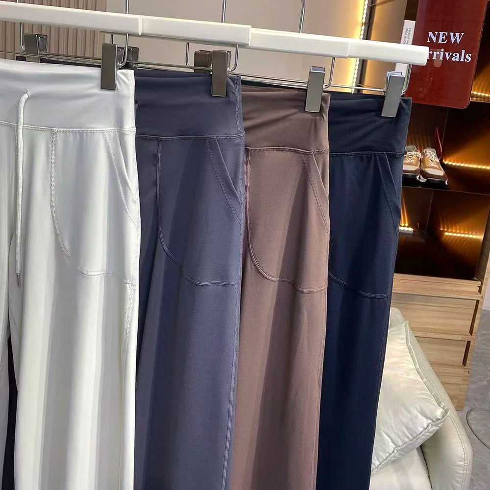 Women's Drawstring Waist Nylon Blend Wide Leg Pants with Side Pockets