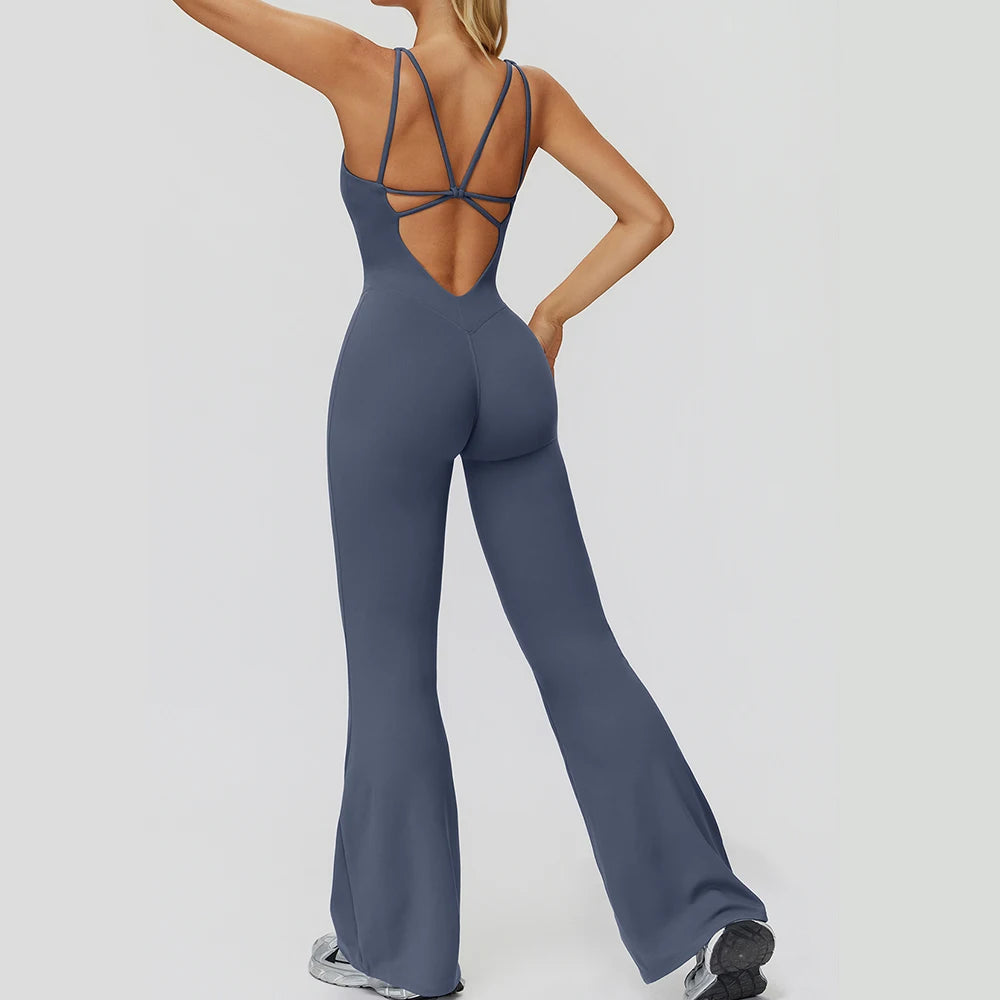 Women's Cross Back Polyester Blend Flared Workout Jumpsuit with Multiple Straps