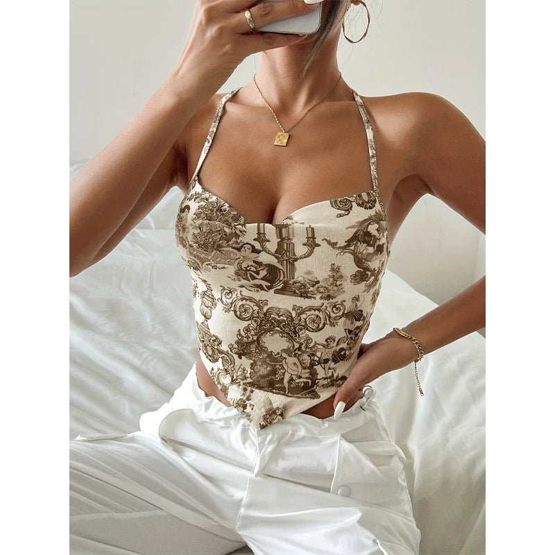 Women's Printed Crop Top with Halter Neckline and Pointed Front Hem
