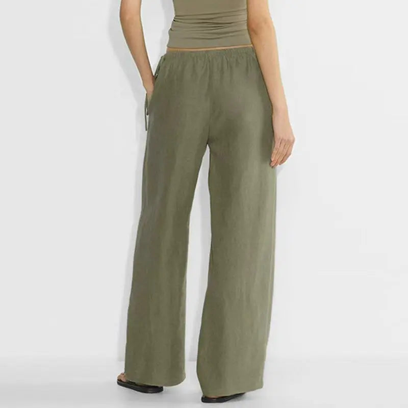 Women's Linen-Viscose Loose Straight-Leg Full-Length Pants with Drawstring Waist and Side Pockets