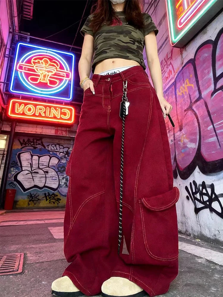 Women's Red Cargo Pocket Wide Leg Denim Jeans
