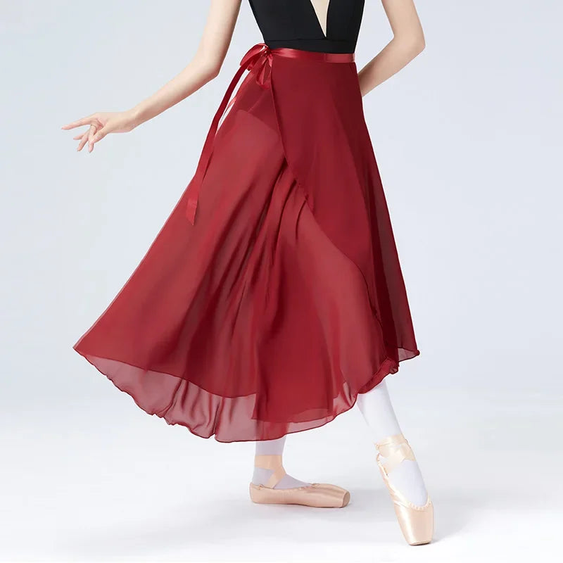 Women's Long Ballet Wrap Skirt with Flowing Hem and Tie Waist