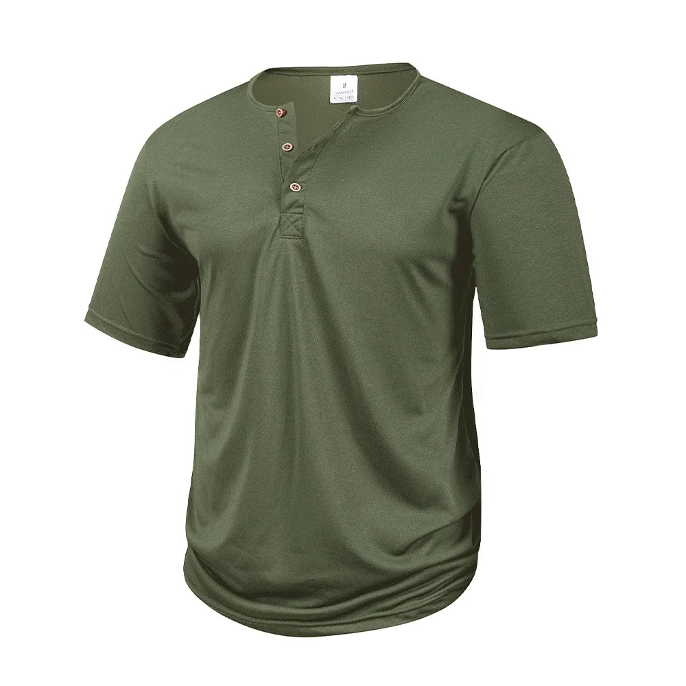Men's Polyester Solid Short-Sleeve Henley T-Shirt with Button Placket for Casual Outfits
