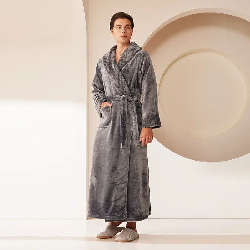 Long Flannel Fleece Tie Waist Bathrobe with Pockets
